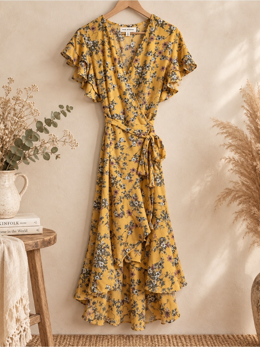 MAX STUDIO Mustard Yellow Floral Wrap Midi Dress Size L Flutter Sleeve Boho